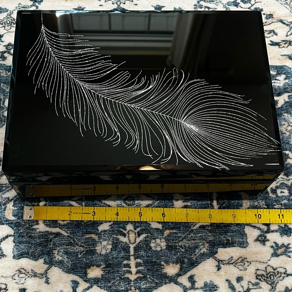 Max Studio Lacquered Black Silver Sparkle Feather Feminine Jewelry Box Organizer